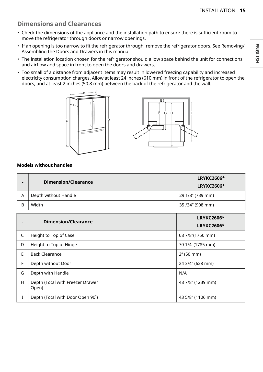 Dimension drawing for the LG LRYKC2606S, from the manufacturer document