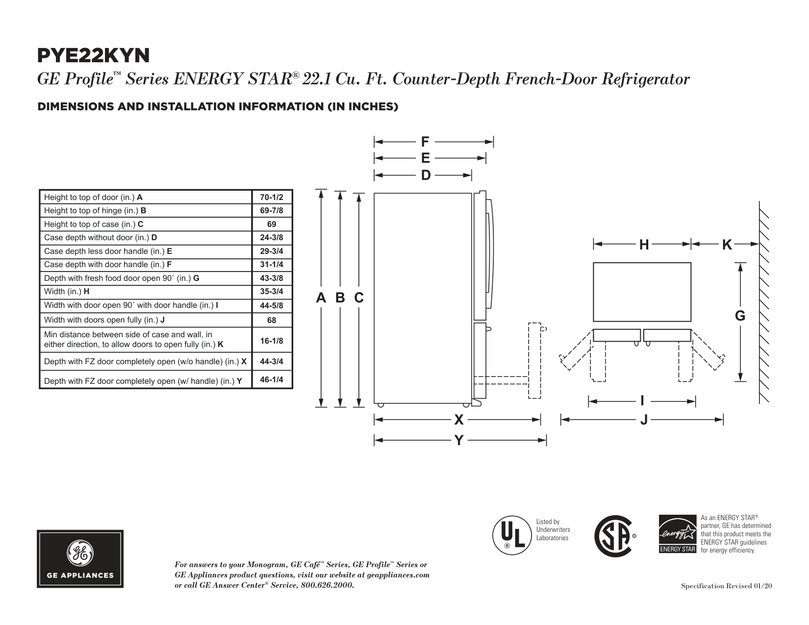 Dimension drawing for the GE PYE22KELDS, from the manufacturer document