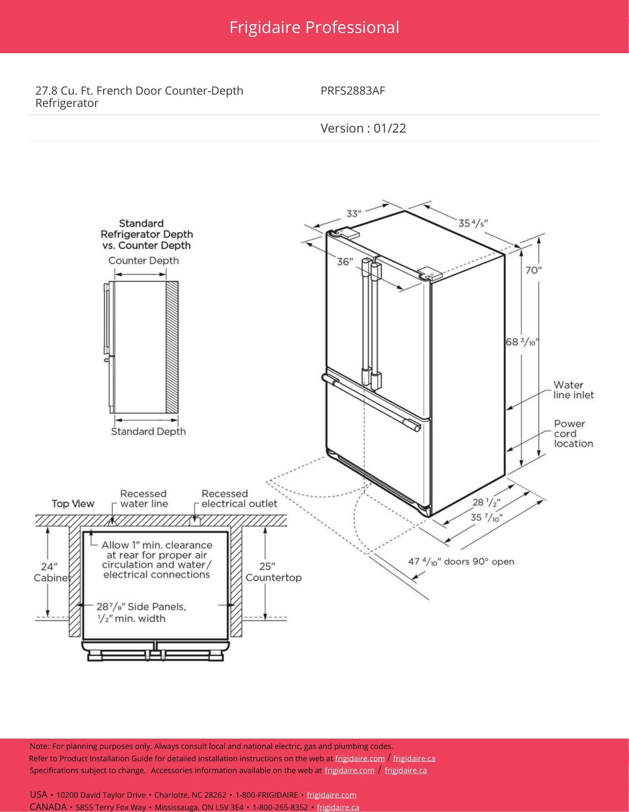 Installation diagram for the Frigidaire Professional PRFS2883AF, from the manufacturer document
