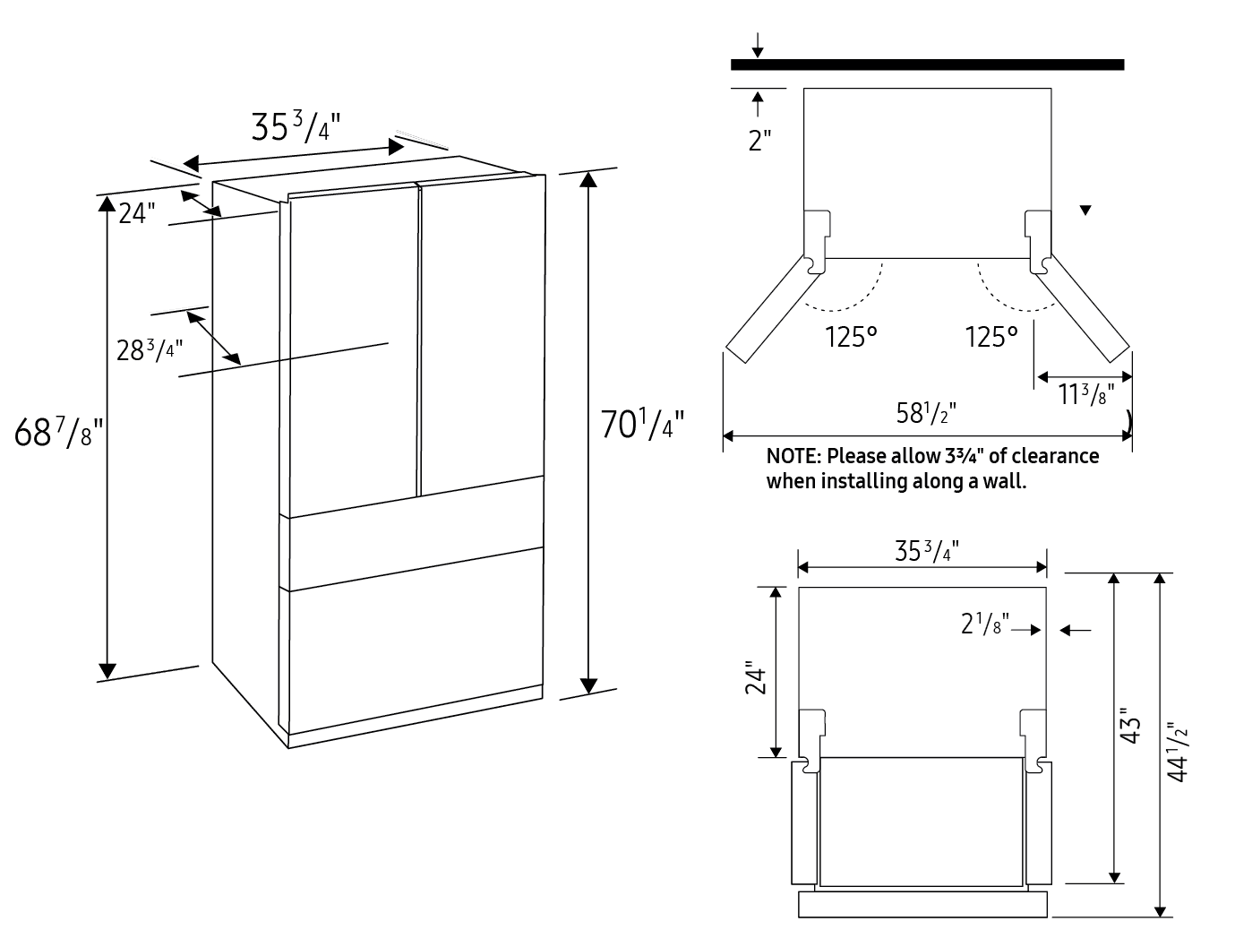 Dimension drawing for the Samsung RF90F23BECRAA, from the manufacturer document