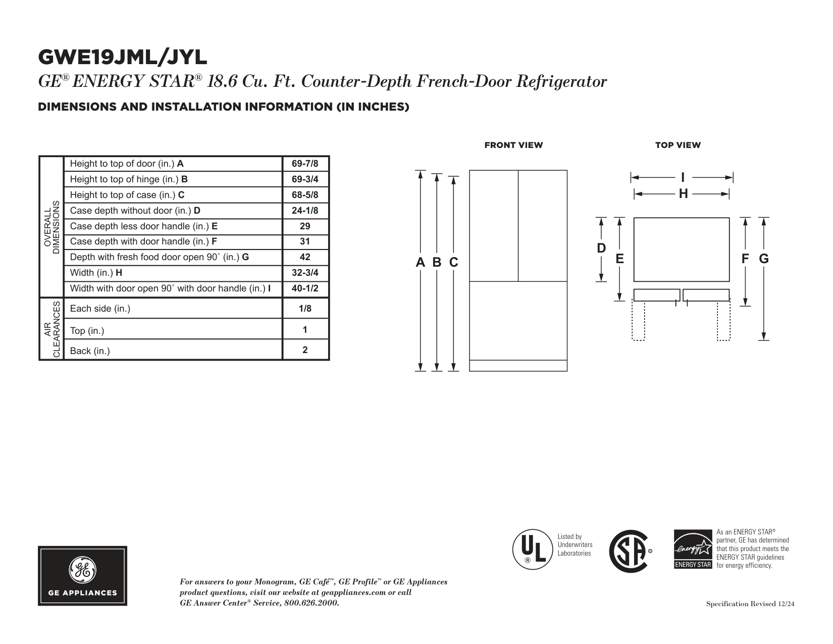 Dimension drawing for the GE GWE19JYLFS, from the manufacturer document