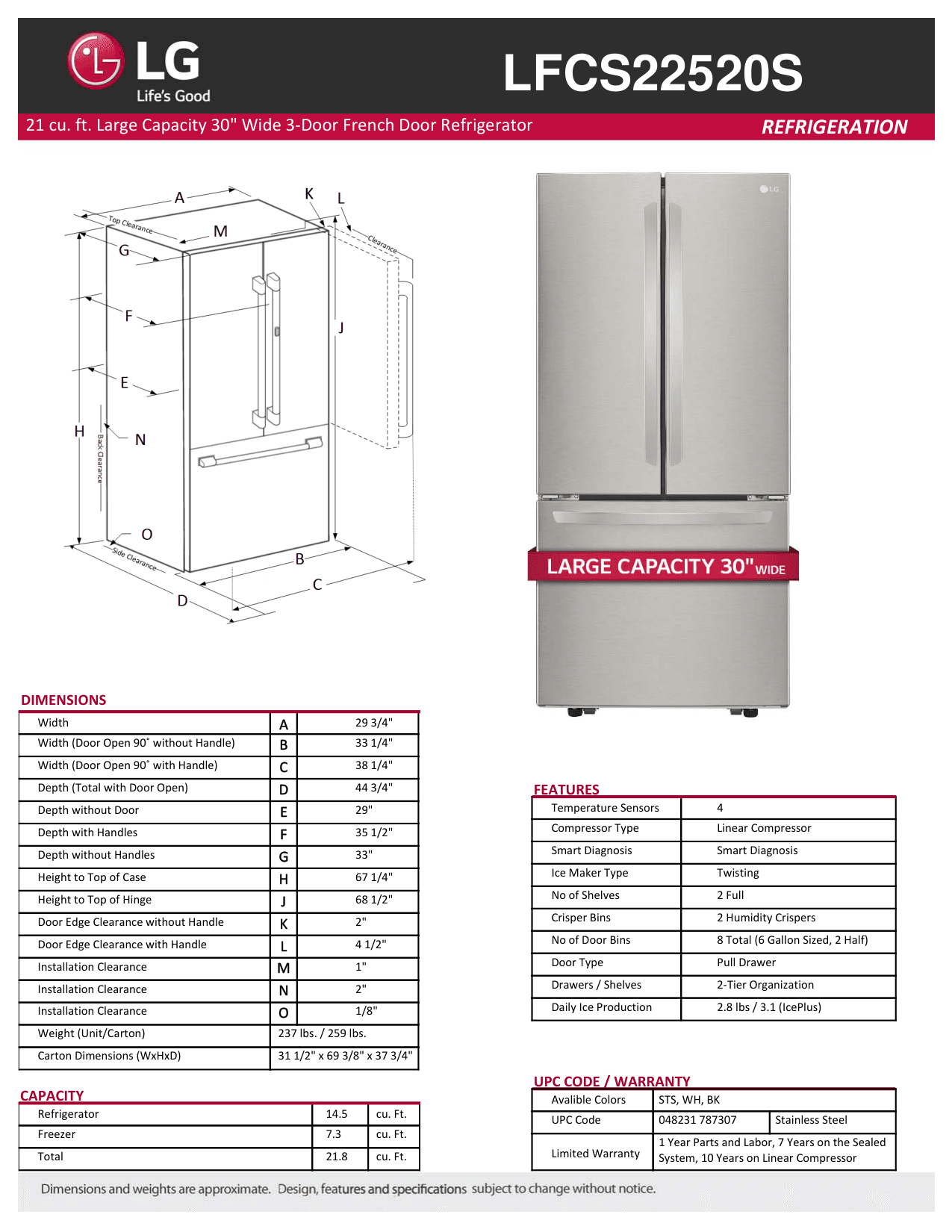 Dimension drawing for the LG LFCS22520S, from the manufacturer document