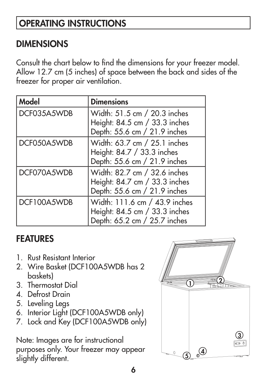 Dimension drawing for the Danby DCF035A5WDB, from the manufacturer document