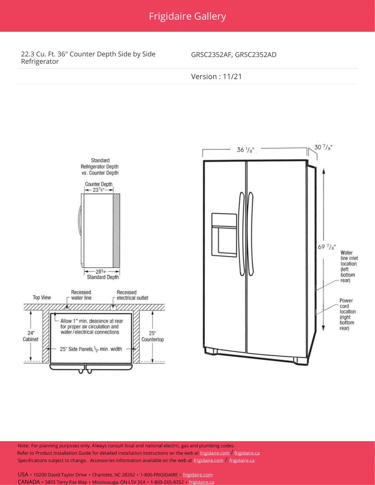 Dimension drawing for the Frigidaire Gallery GRSC2352AF, from the owner's manual