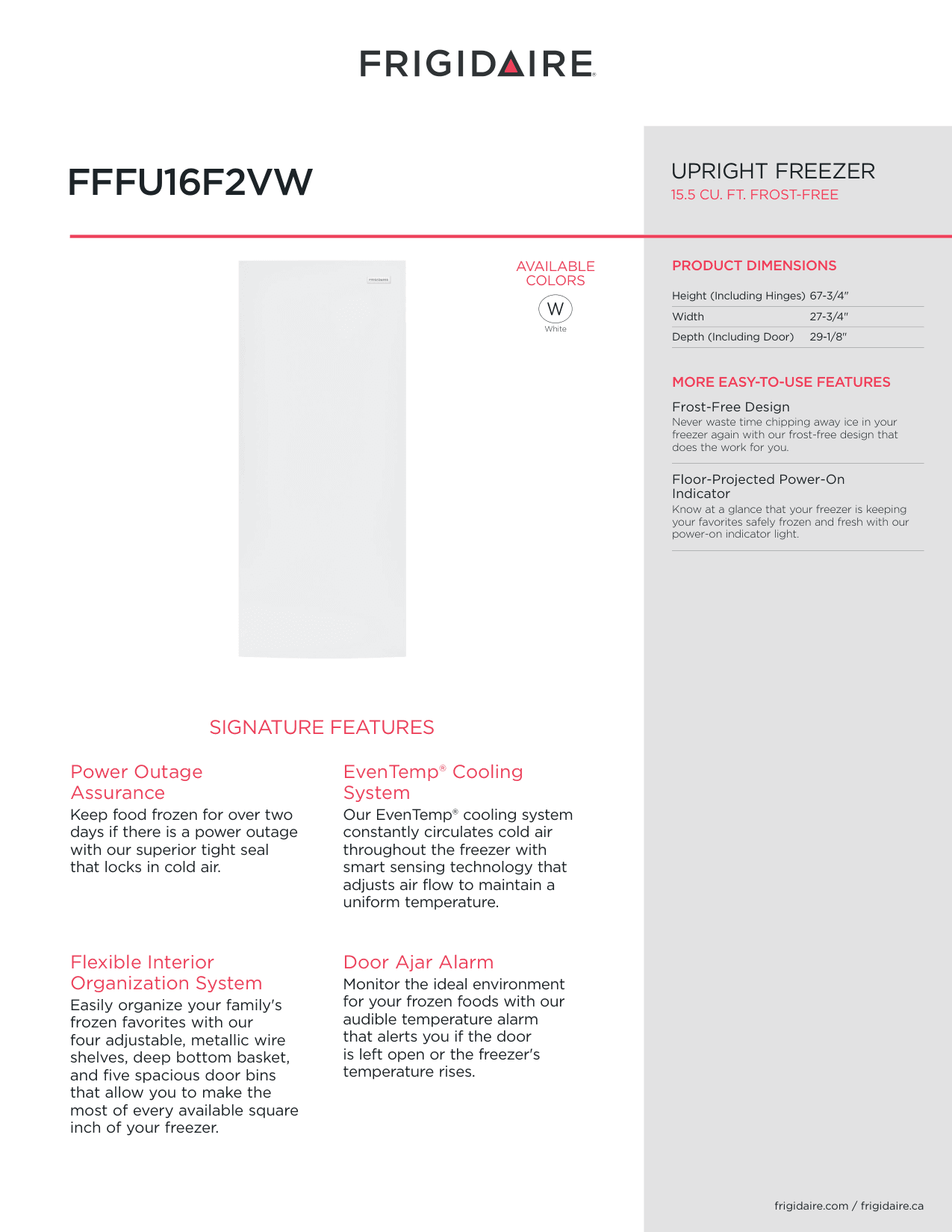 Dimension drawing for the Frigidaire FFFU16F2VW, from the manufacturer document