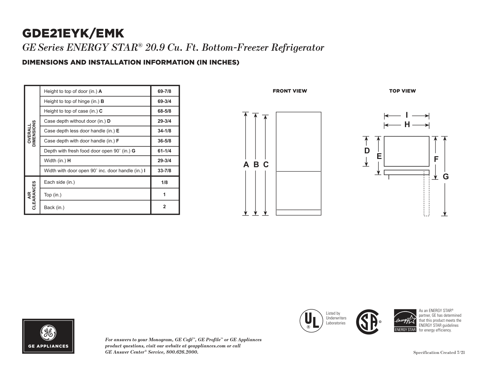Dimension drawing for the GE GDE21EMKES, from the manufacturer document