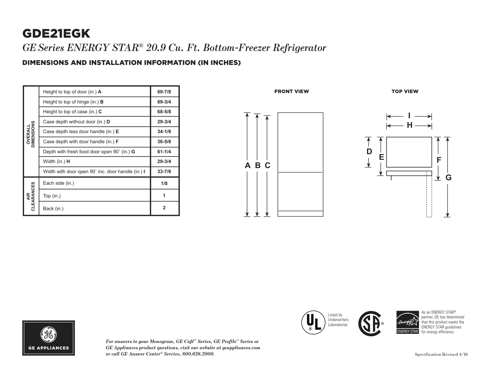 Dimension drawing for the GE GDE21EGKWW, from the manufacturer document