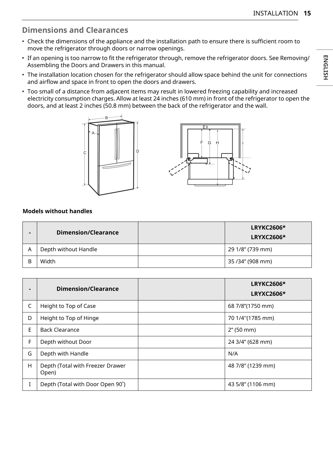 Dimension drawing for the LG LRYXC2606S, from the manufacturer document