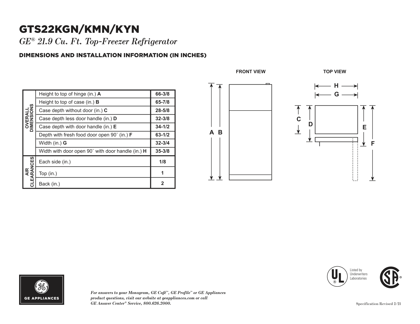 Dimension drawing for the GE Appliances GTS22KYNRFS, from the manufacturer document