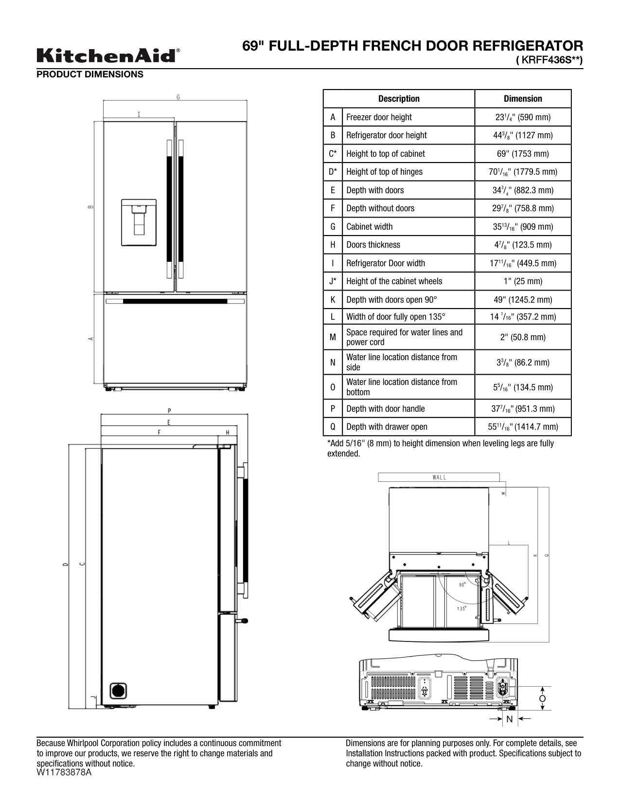 Dimension drawing for the KitchenAid KRFF436SPS, from the manufacturer document
