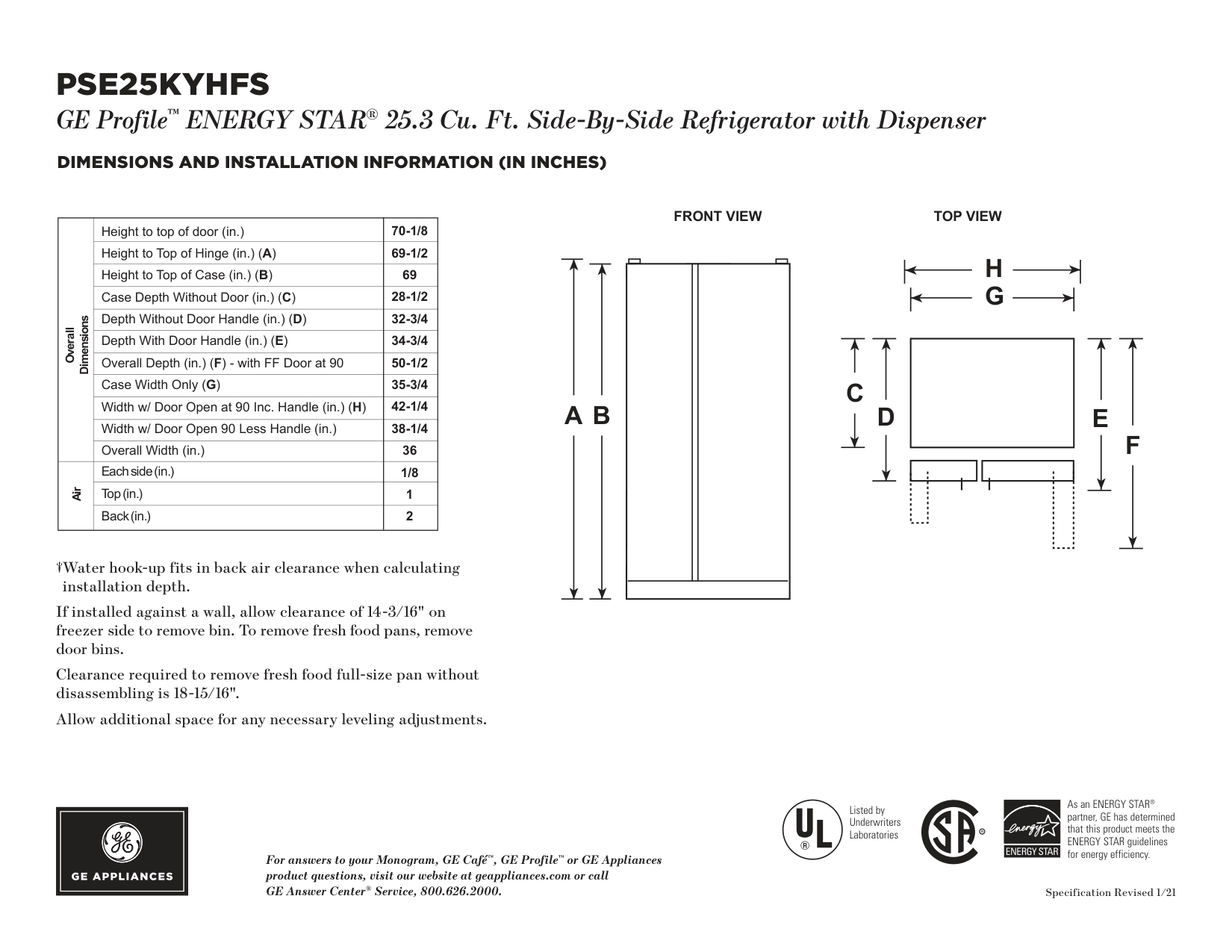 Dimension drawing for the GE PSE25KYHFS, from the manufacturer document