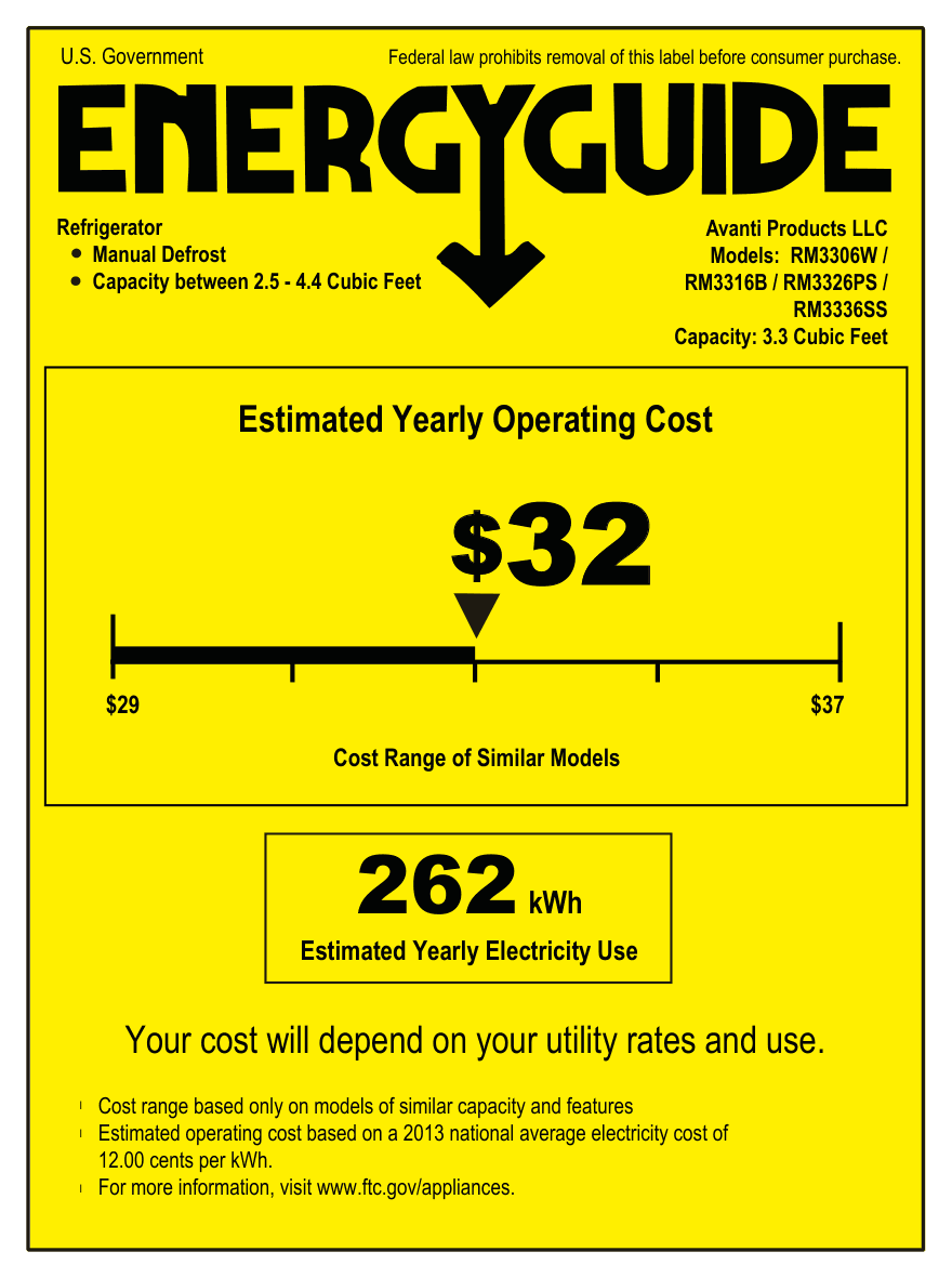 EnergyGuide label for the Avanti RM3306W, from the manufacturer document
