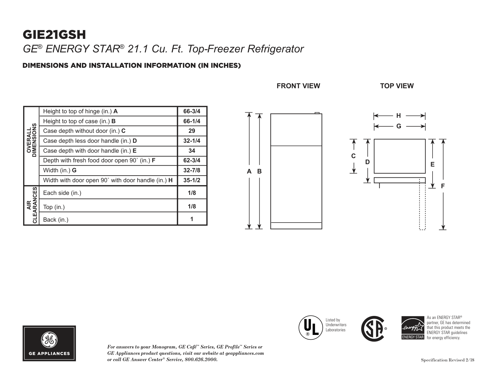 Dimension drawing for the GE GIE21GSHSS, from the manufacturer document