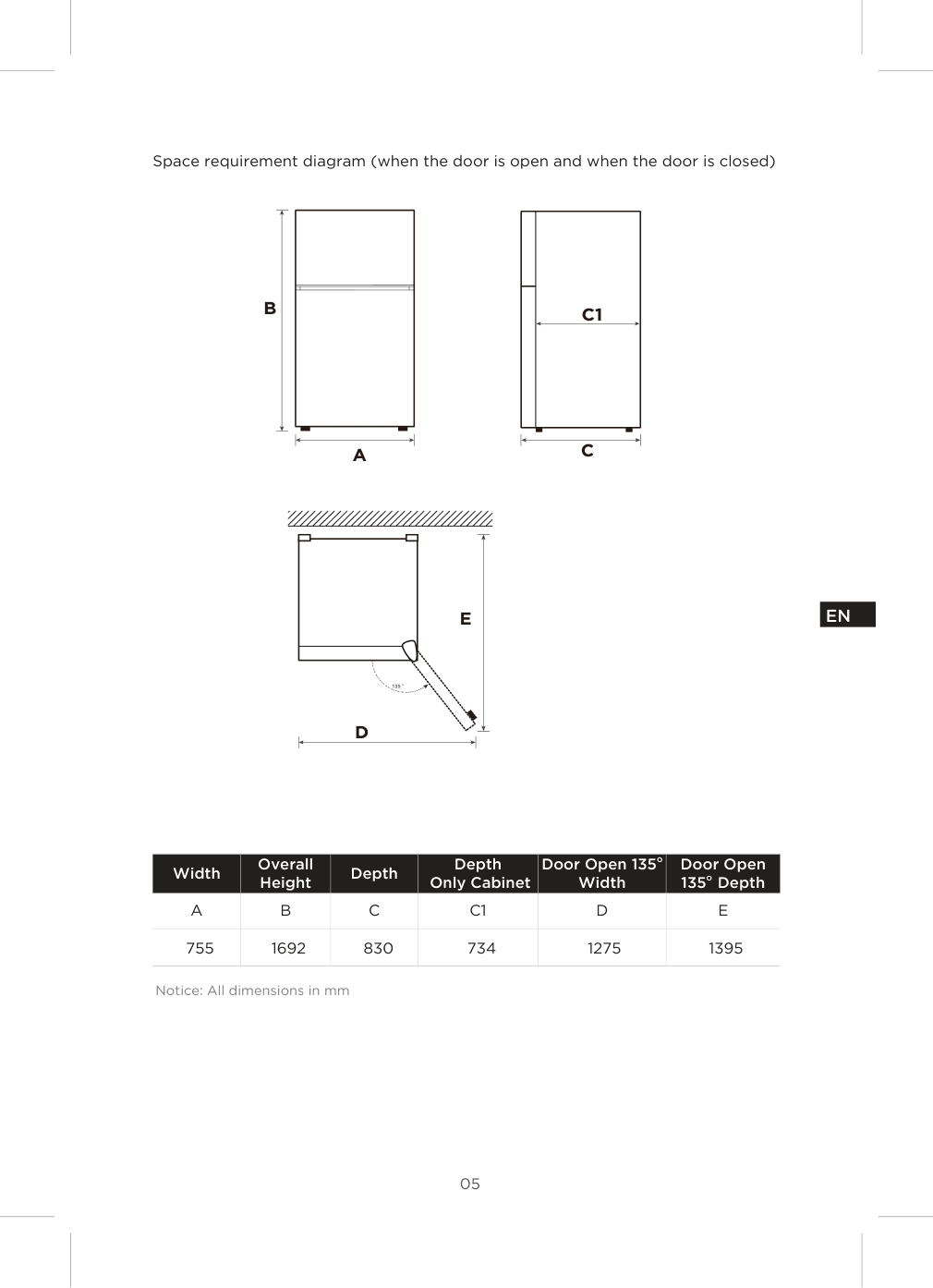 Dimension drawing for the Midea MRT21D3BST, from the owner's manual
