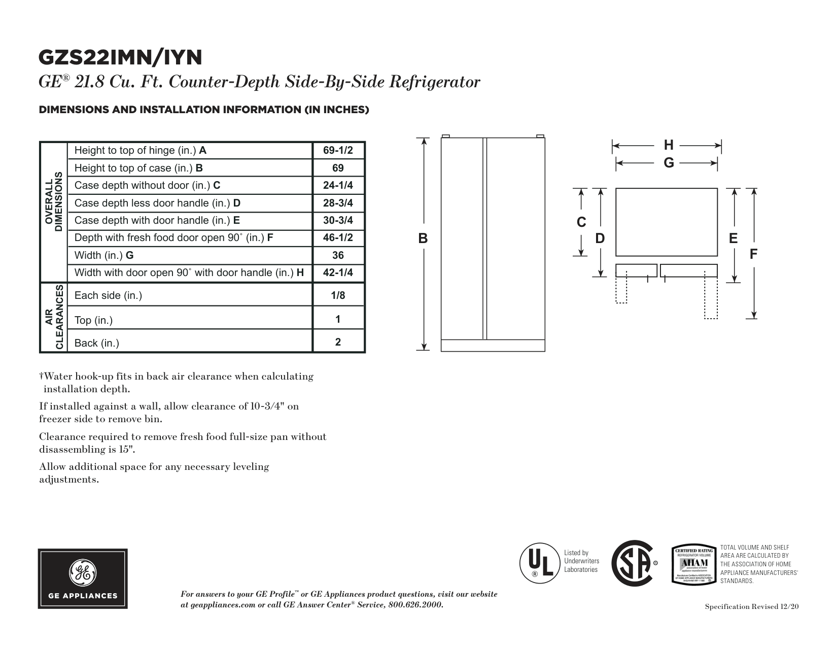 Dimension drawing for the GE Appliances GZS22IYNFS, from the manufacturer document