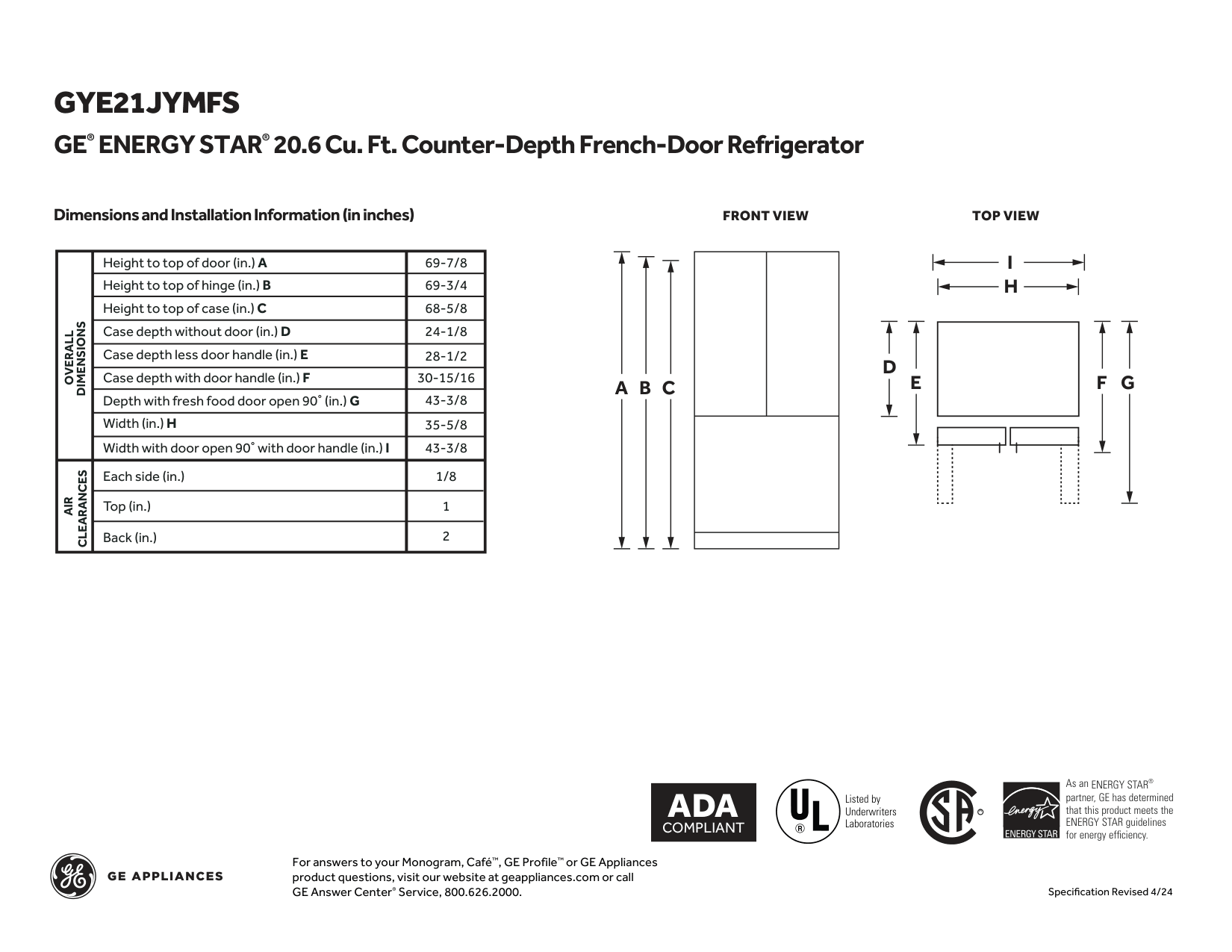 Dimension drawing for the GE GYE21JYMFS, from the manufacturer document