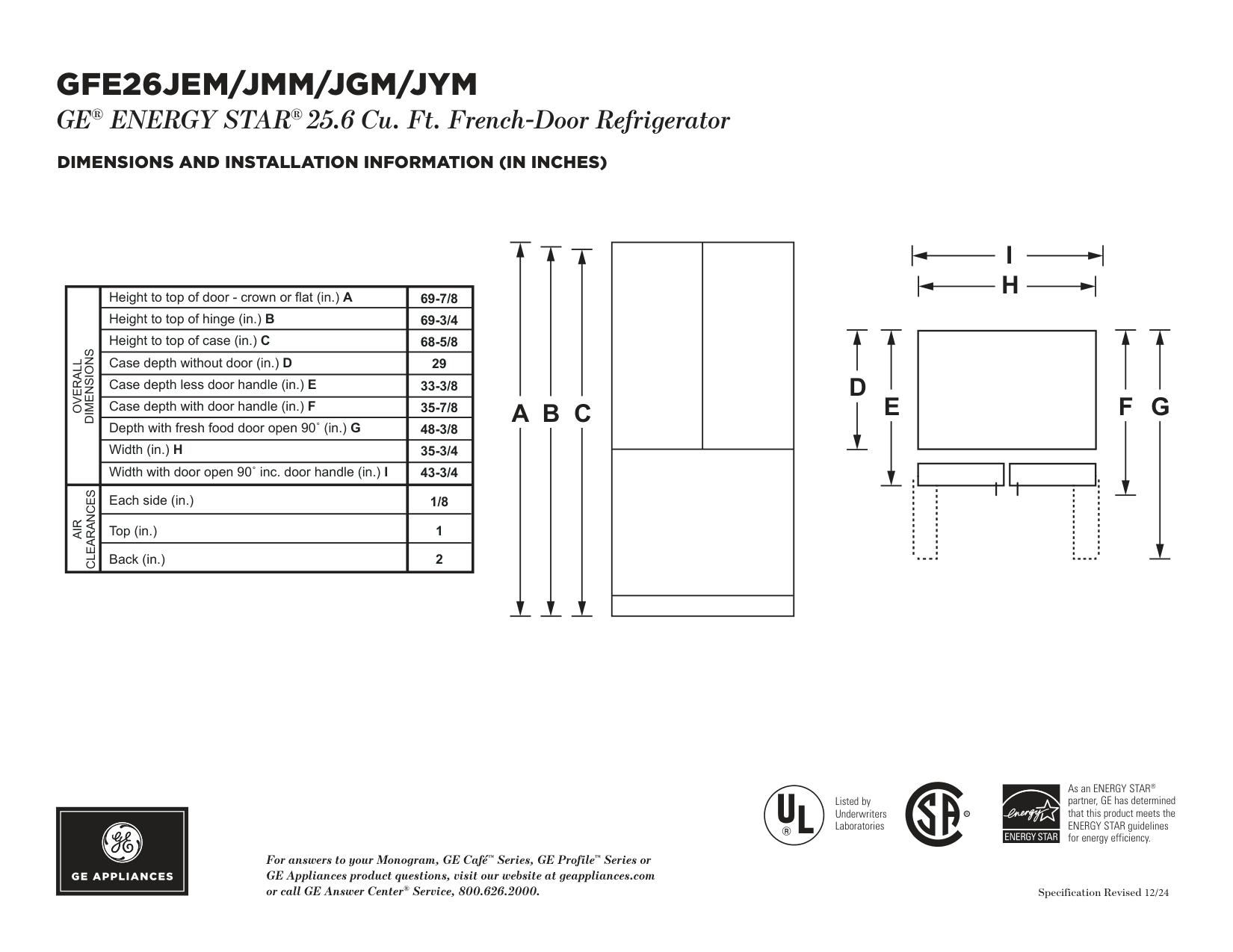 Dimension drawing for the GE GFE26JYMFS, from the manufacturer document
