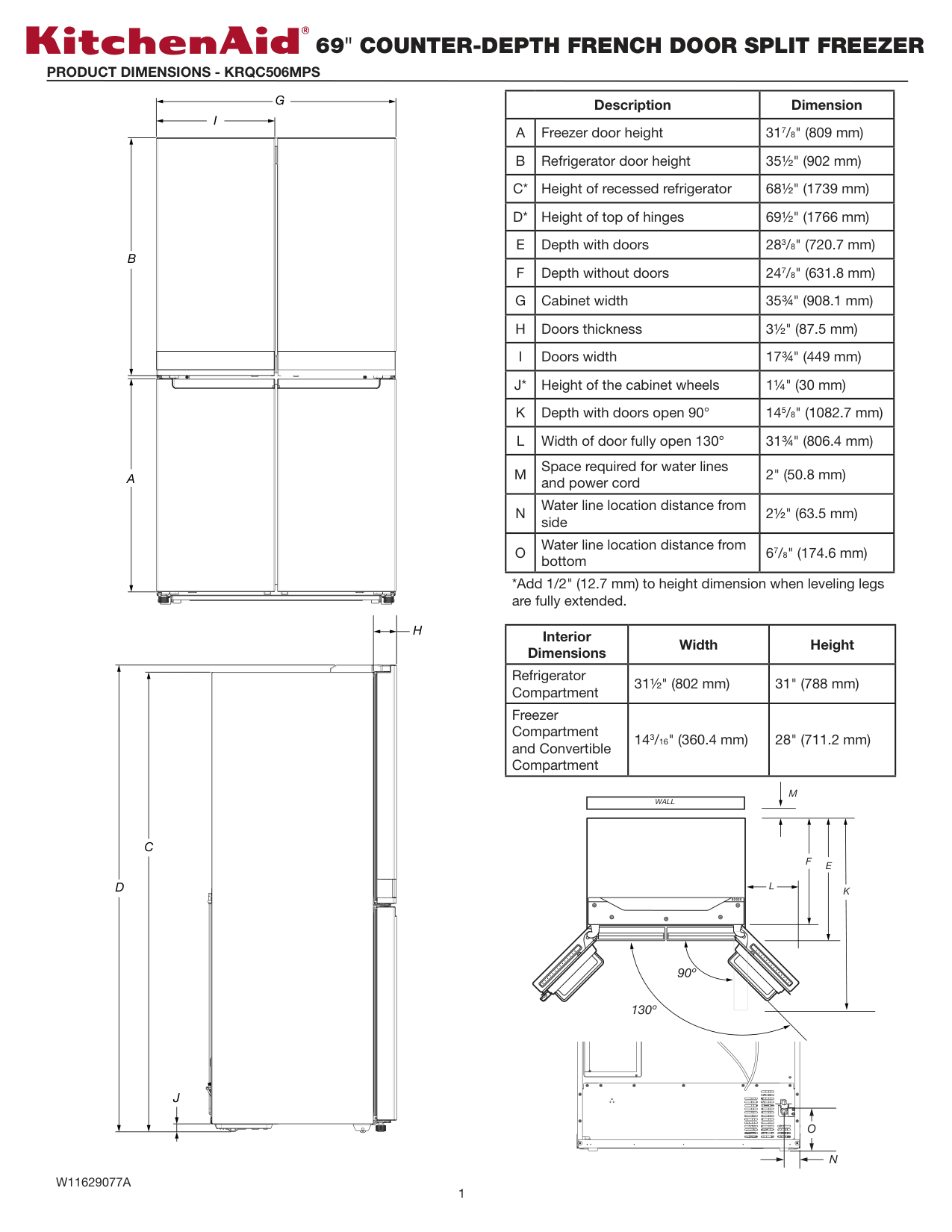 Dimension drawing for the KitchenAid KRQC506MPS, from the manufacturer document