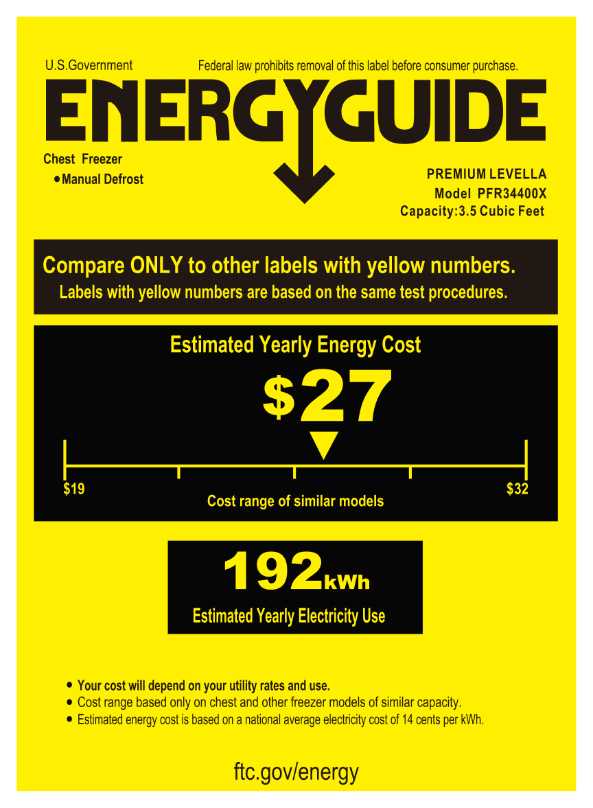 EnergyGuide label for the Premium Levella PFR34400X, from the manufacturer document