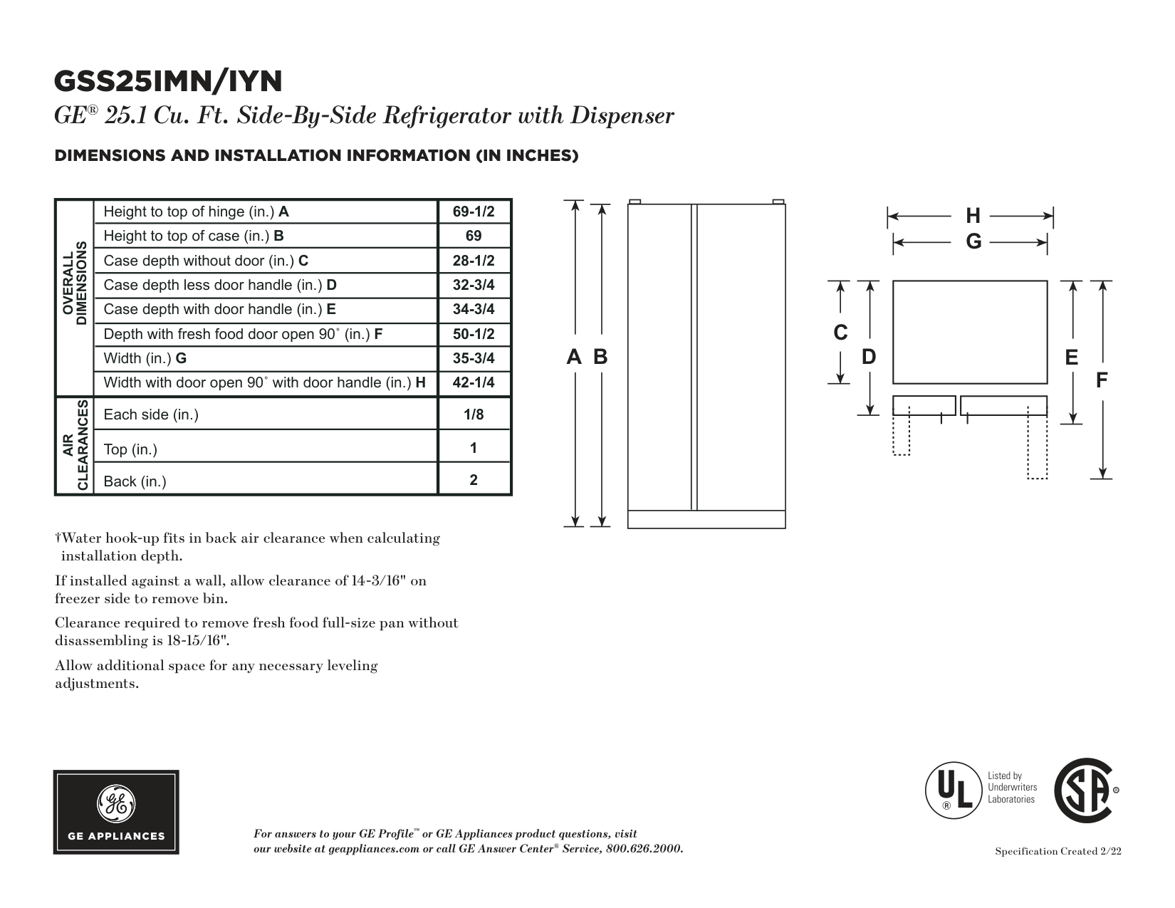 Dimension drawing for the GE Appliances GSS25IYNFS, from the manufacturer document