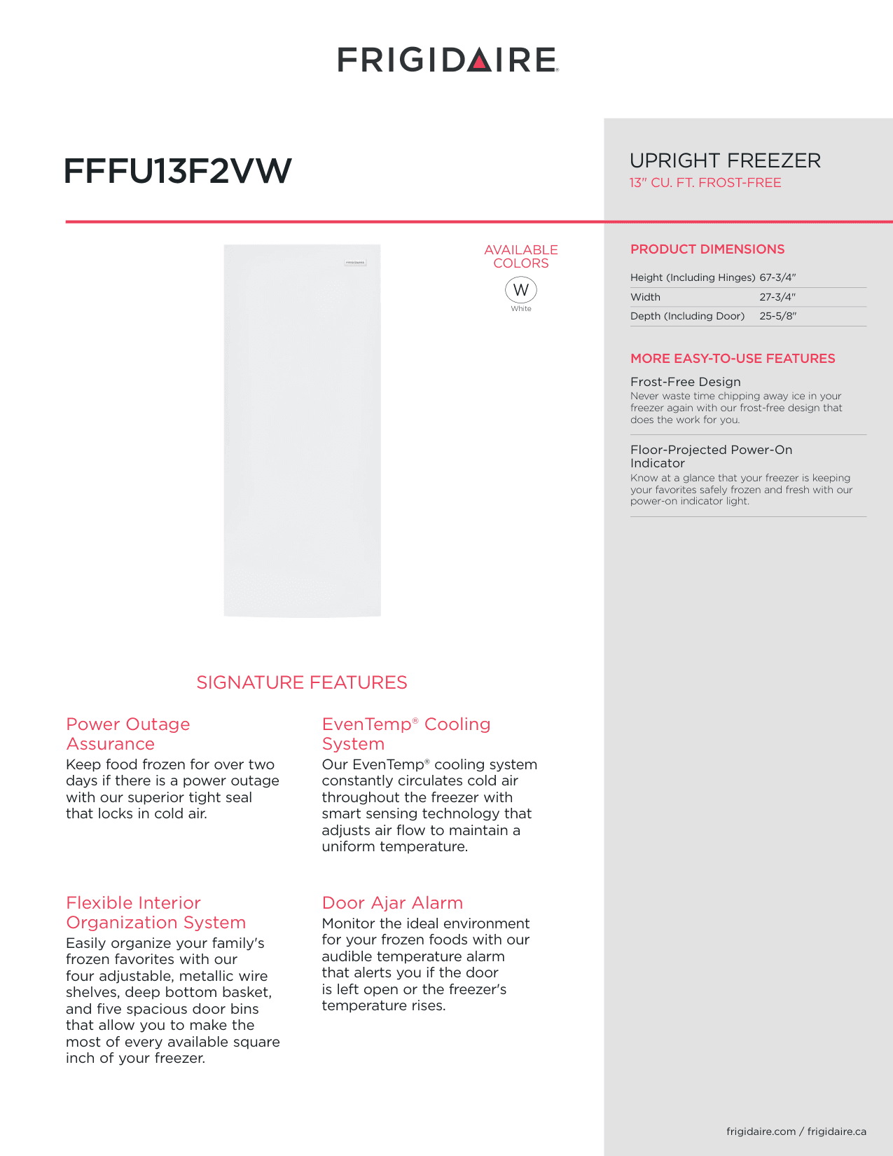 Dimension drawing for the Frigidaire FFFU13F2VW, from the manufacturer document