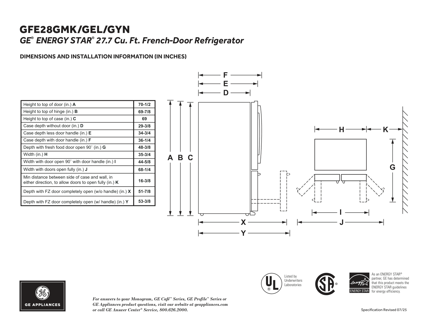 Dimension drawing for the GE Appliances GFE28GYNFS, from the manufacturer document