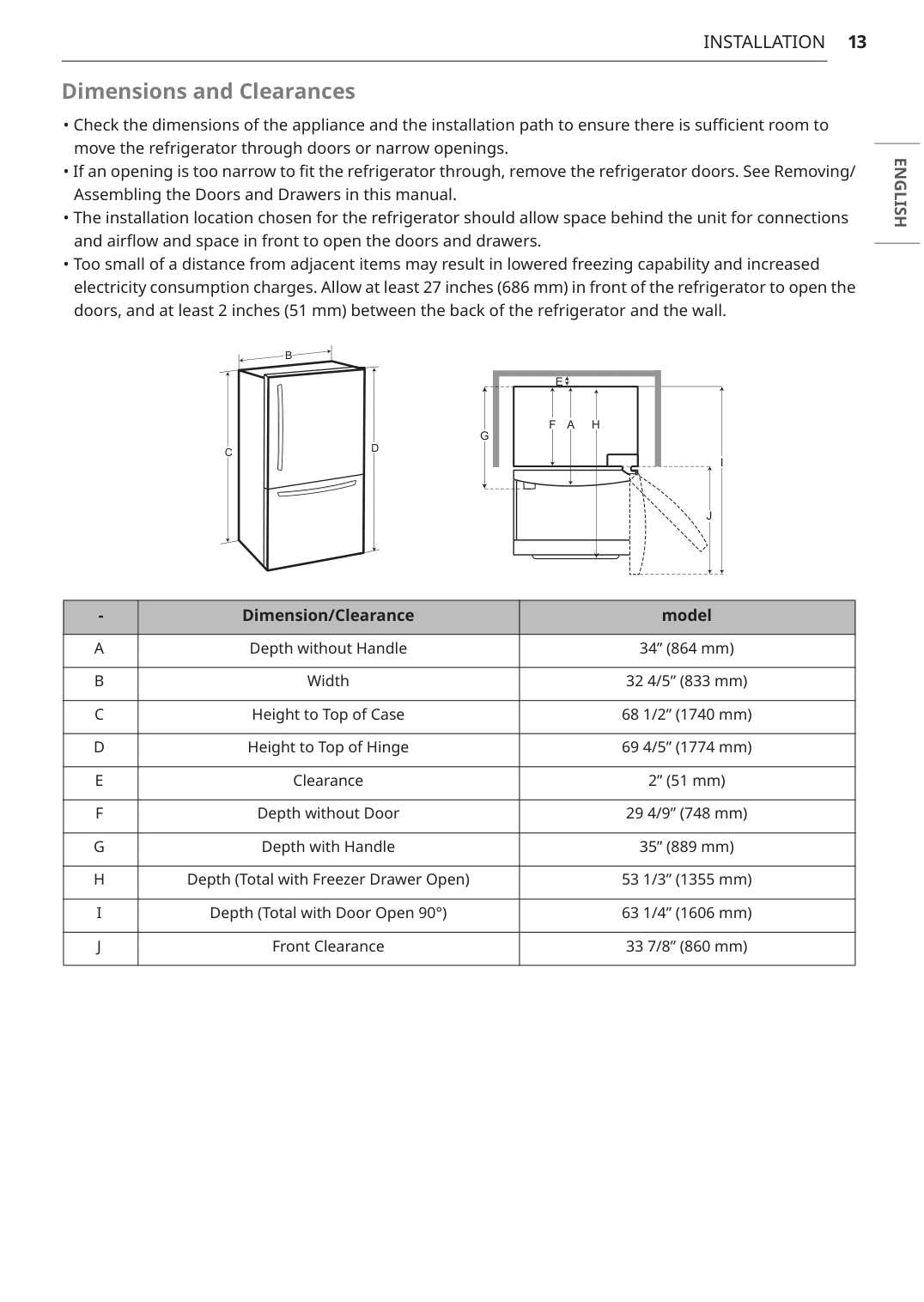 Dimension drawing for the LG LRDCS2603S, from the manufacturer document