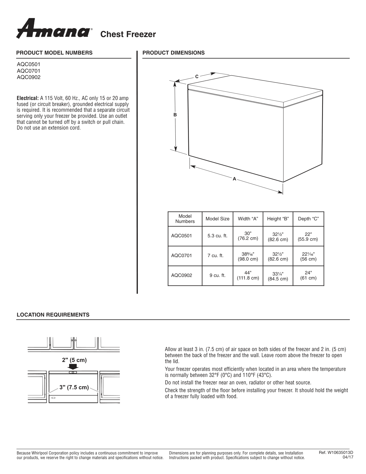 Dimension drawing for the Amana AQC0501GRW, from the manufacturer document