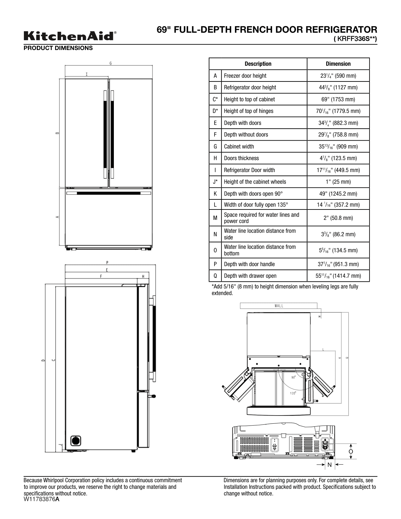 Dimension drawing for the KitchenAid KRFF336SPS, from the manufacturer document