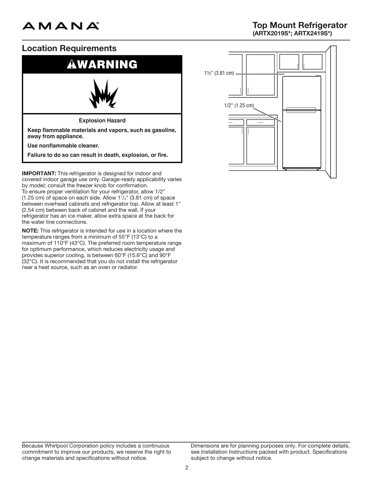 Installation diagram for the Amana ARTX2419SW, from the manufacturer document