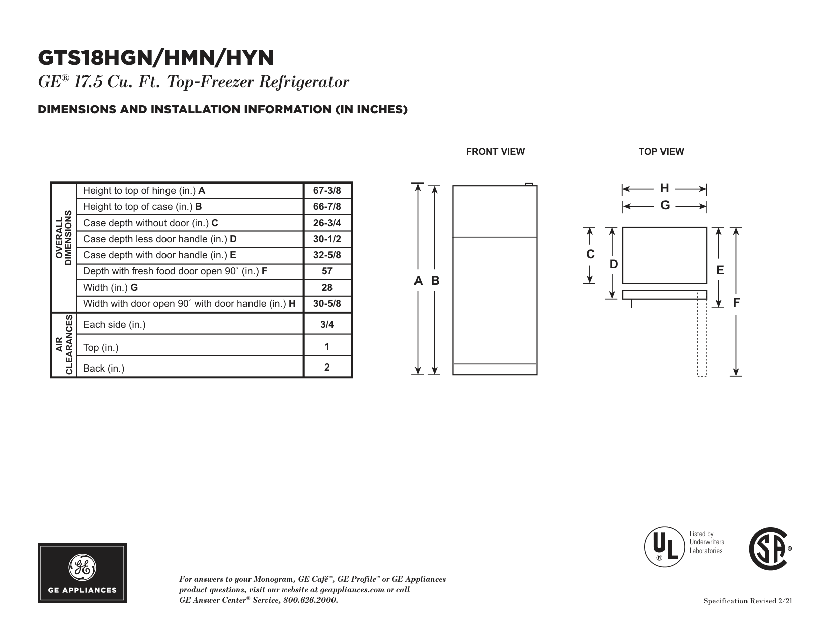 Dimension drawing for the GE Appliances GTS18HYNRFS, from the manufacturer document