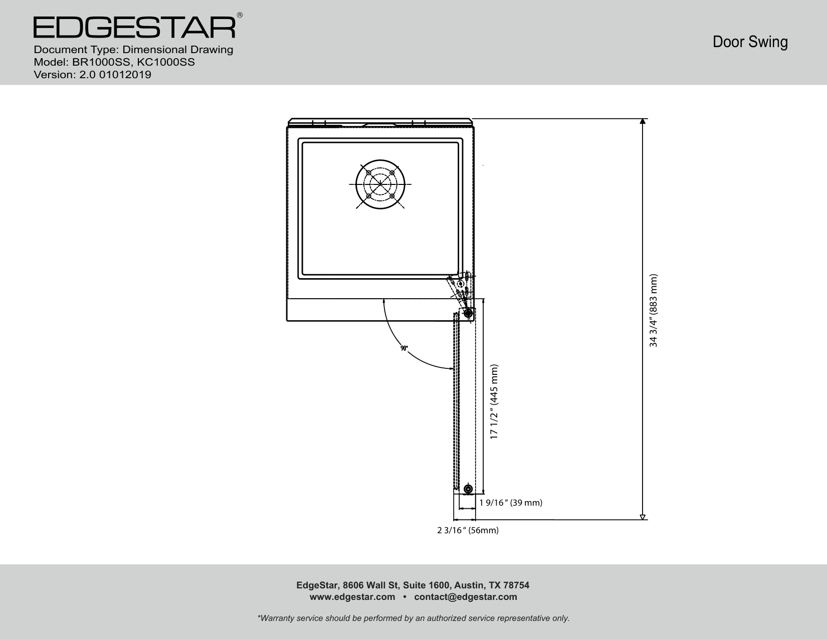 Dimension drawing for the EdgeStar KC1000SS, from the manufacturer document
