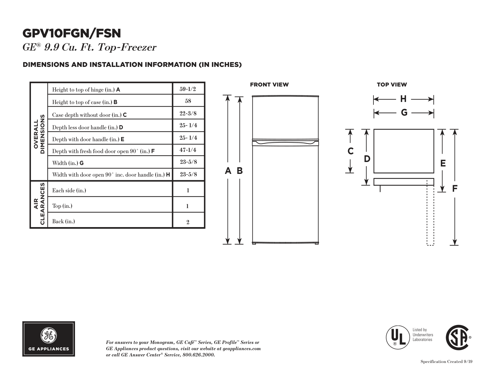 Dimension drawing for the GE GPV10FGNBB, from the manufacturer document
