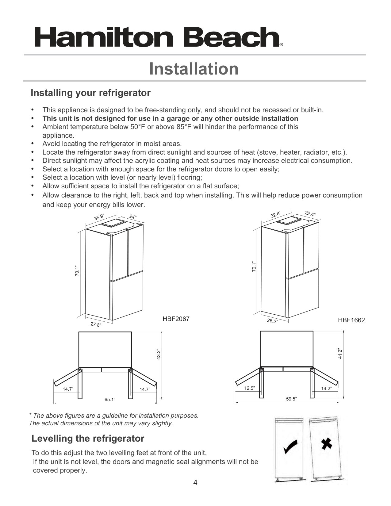 Installation diagram for the Hamilton Beach HBF1662, from the manufacturer document