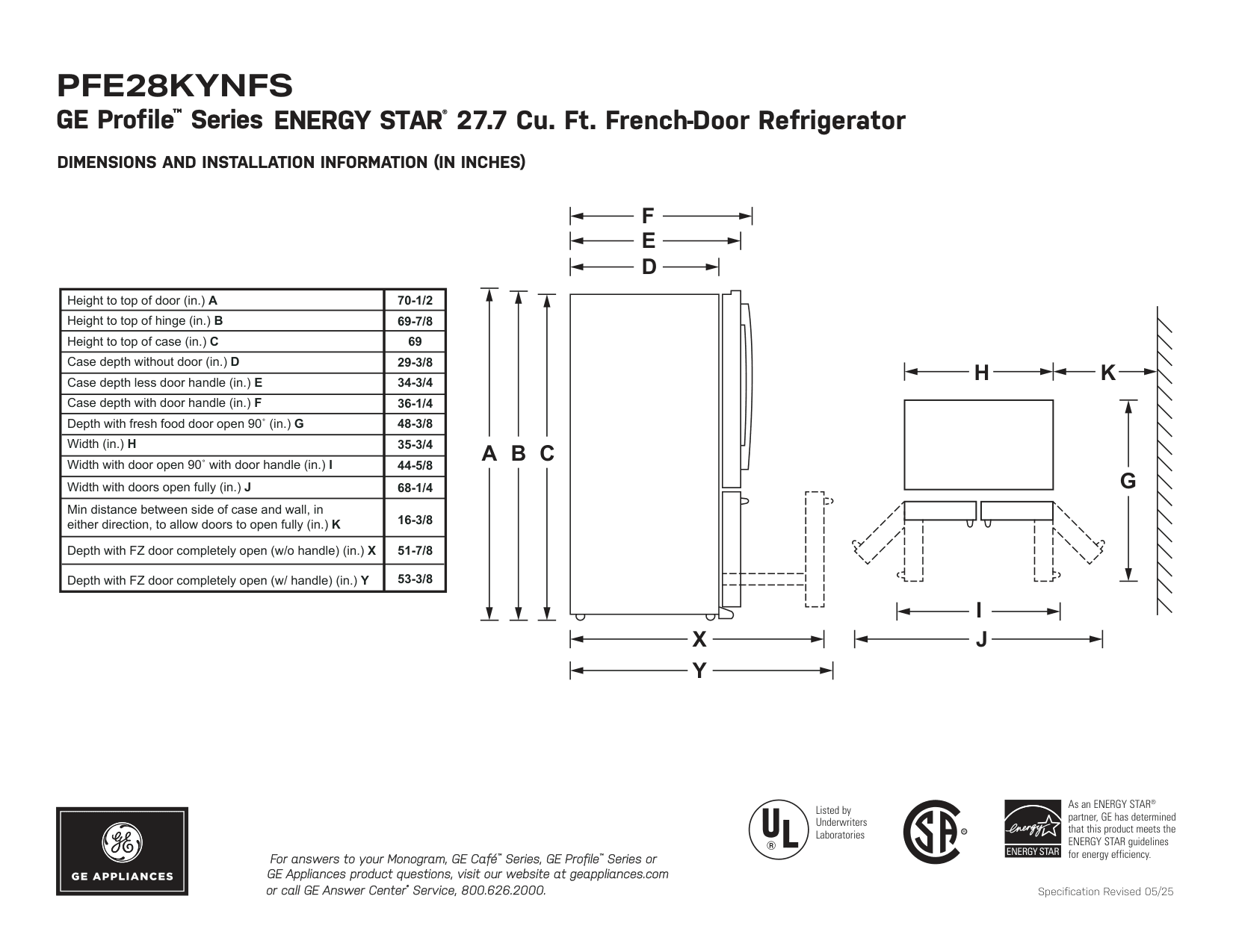 Dimension drawing for the GE Profile PFE28KBLTS, from the manufacturer document