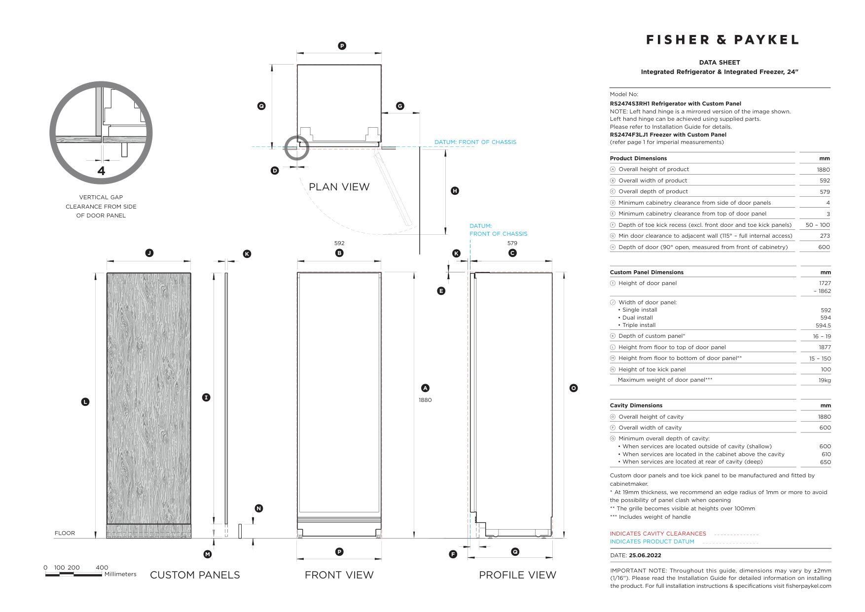 Dimension drawing for the Fisher & Paykel RS2474S3RH1, from the manufacturer document