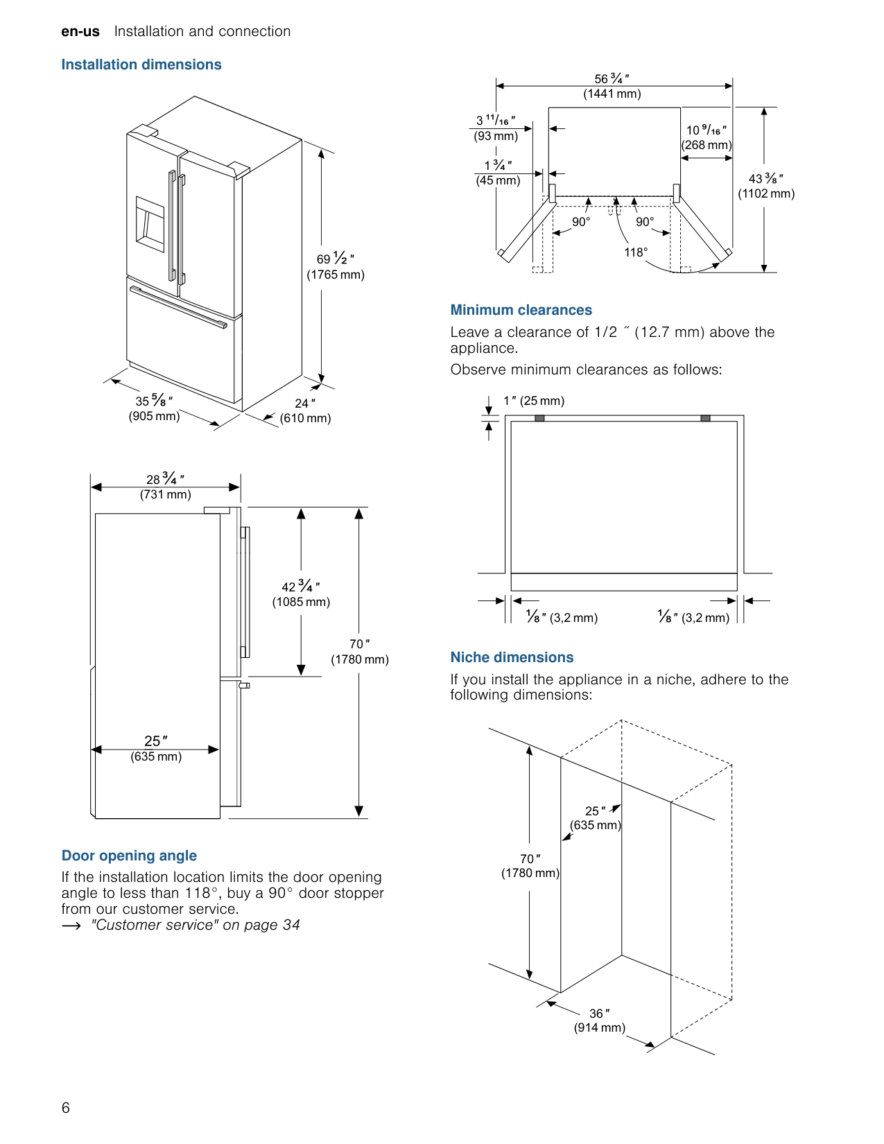 Dimension drawing for the Bosch B36CD50SN, from the owner's manual