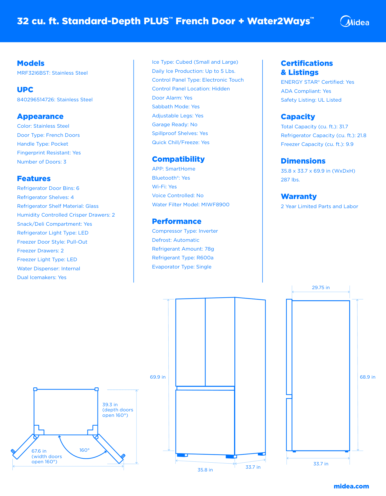 Dimension drawing for the Midea MRF32I6BST, from the manufacturer document