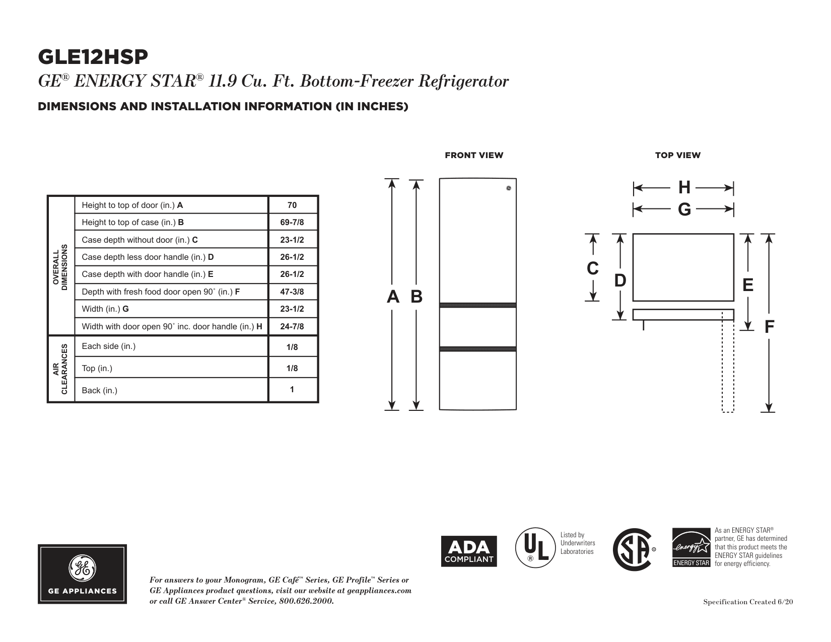 Dimension drawing for the GE GLE12HSPSS, from the manufacturer document