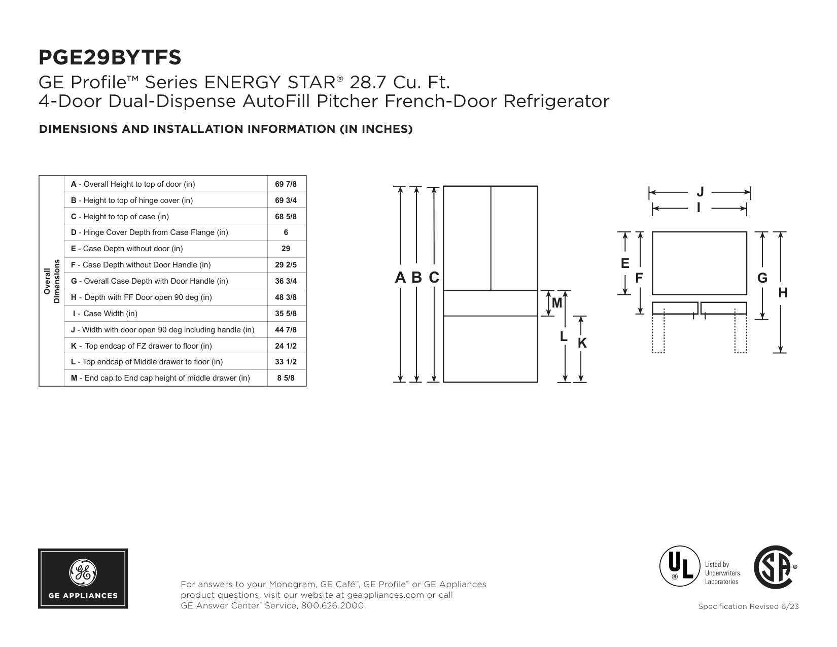 Dimension drawing for the GE Profile PGE29BYTFS, from the manufacturer document