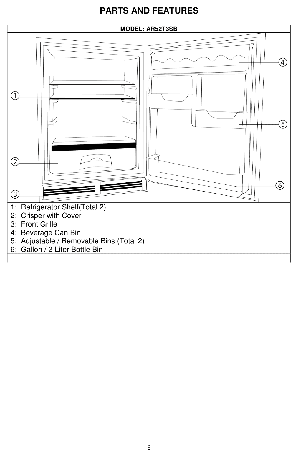 Parts diagram for the Avanti Products AR52T3SB, from the manufacturer document