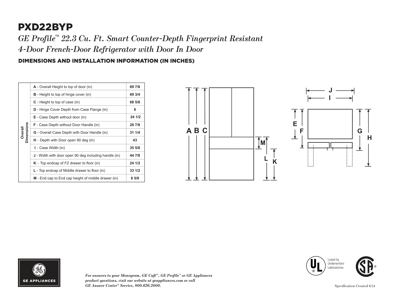 Dimension drawing for the GE Profile PXD22BYPFS, from the manufacturer document