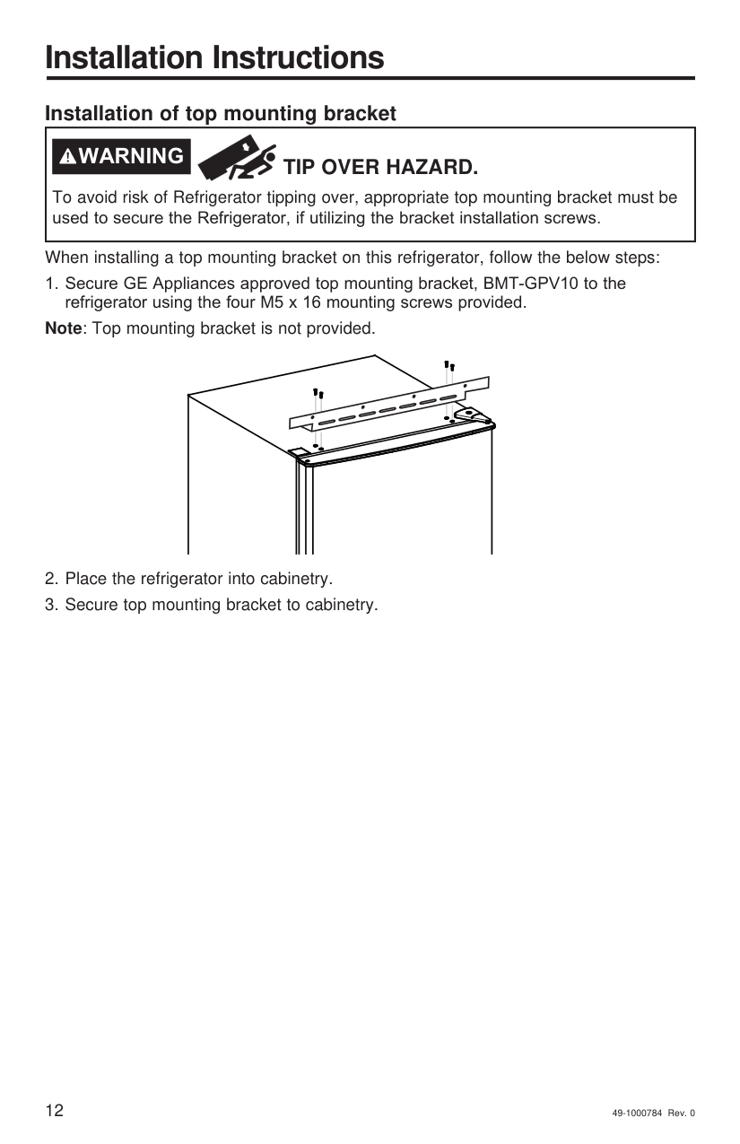 Installation diagram for the GE GPV10FSNSB, from the manufacturer document