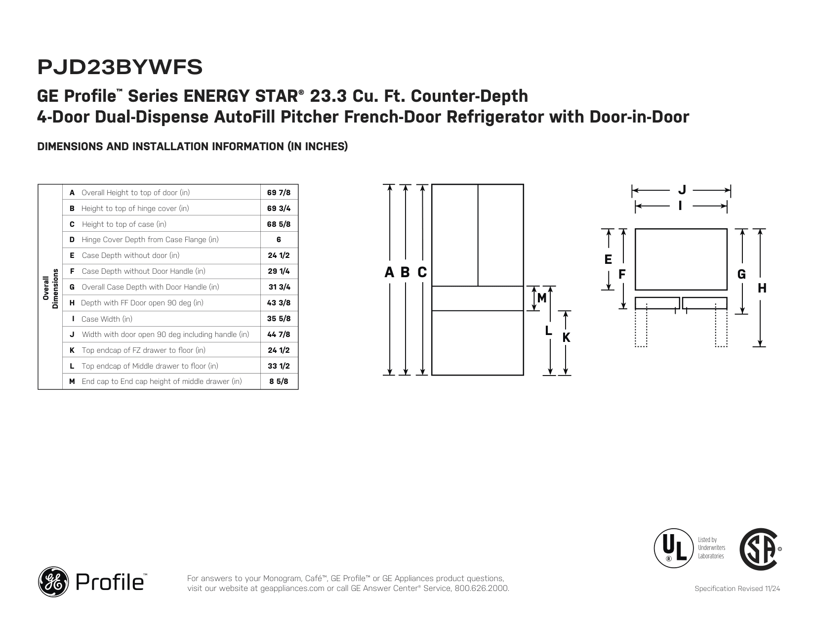 Dimension drawing for the GE PJD23BYWFS, from the manufacturer document