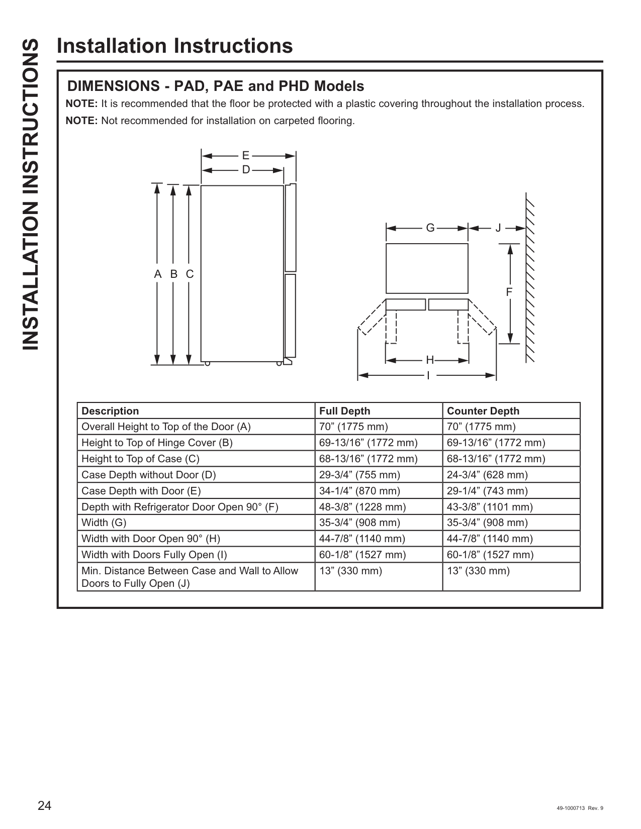 Installation diagram for the GE PJD23BYWFS, from the manufacturer document
