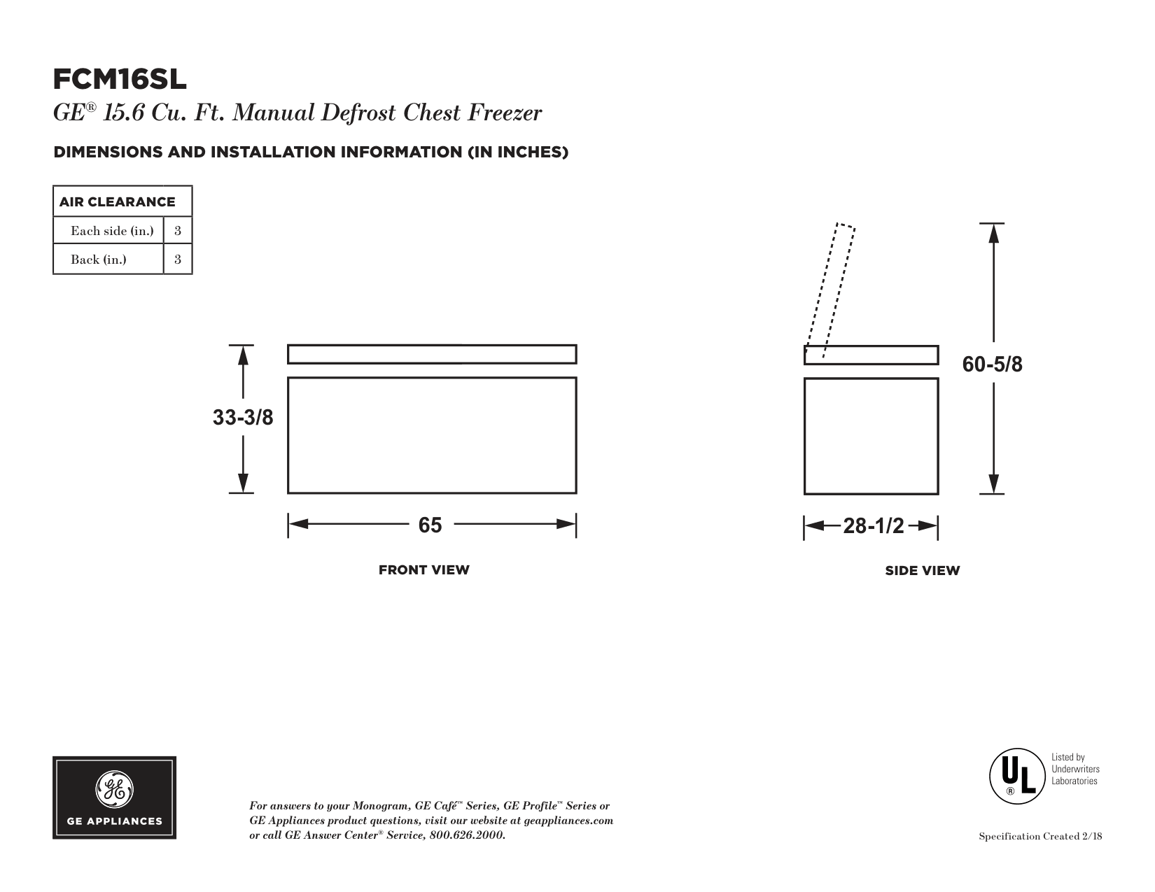 Dimension drawing for the GE Appliances FCM16SLWW, from the manufacturer document