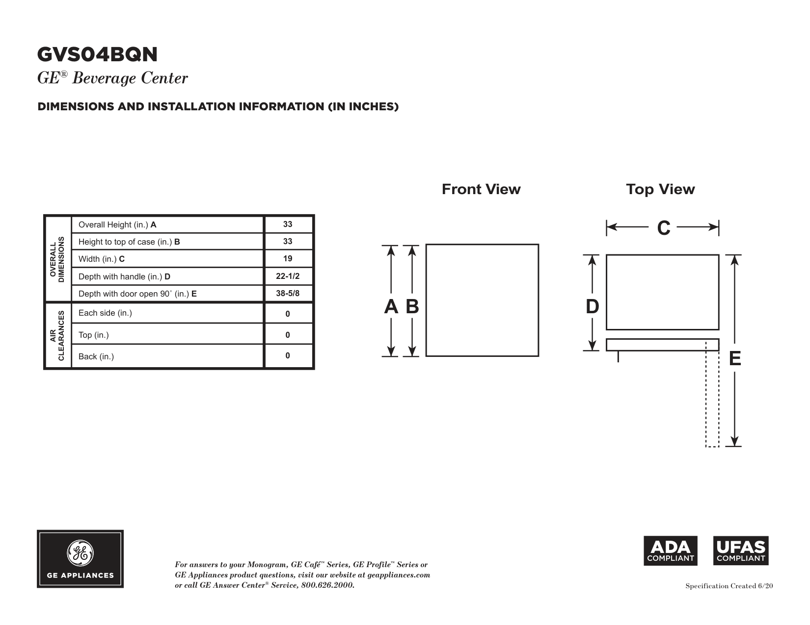 Dimension drawing for the GE GVS04BQNSS, from the manufacturer document