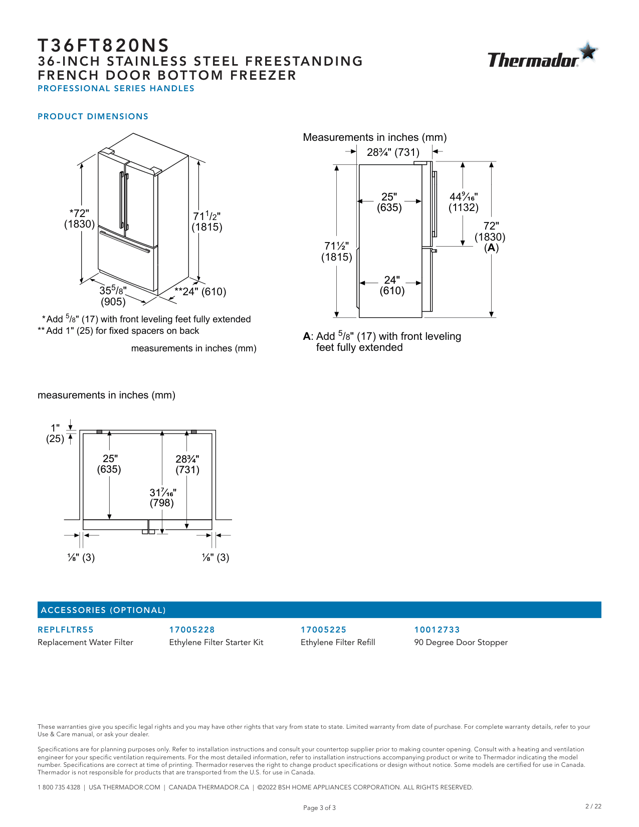 Dimension drawing for the Thermador T36FT820NS, from the manufacturer document