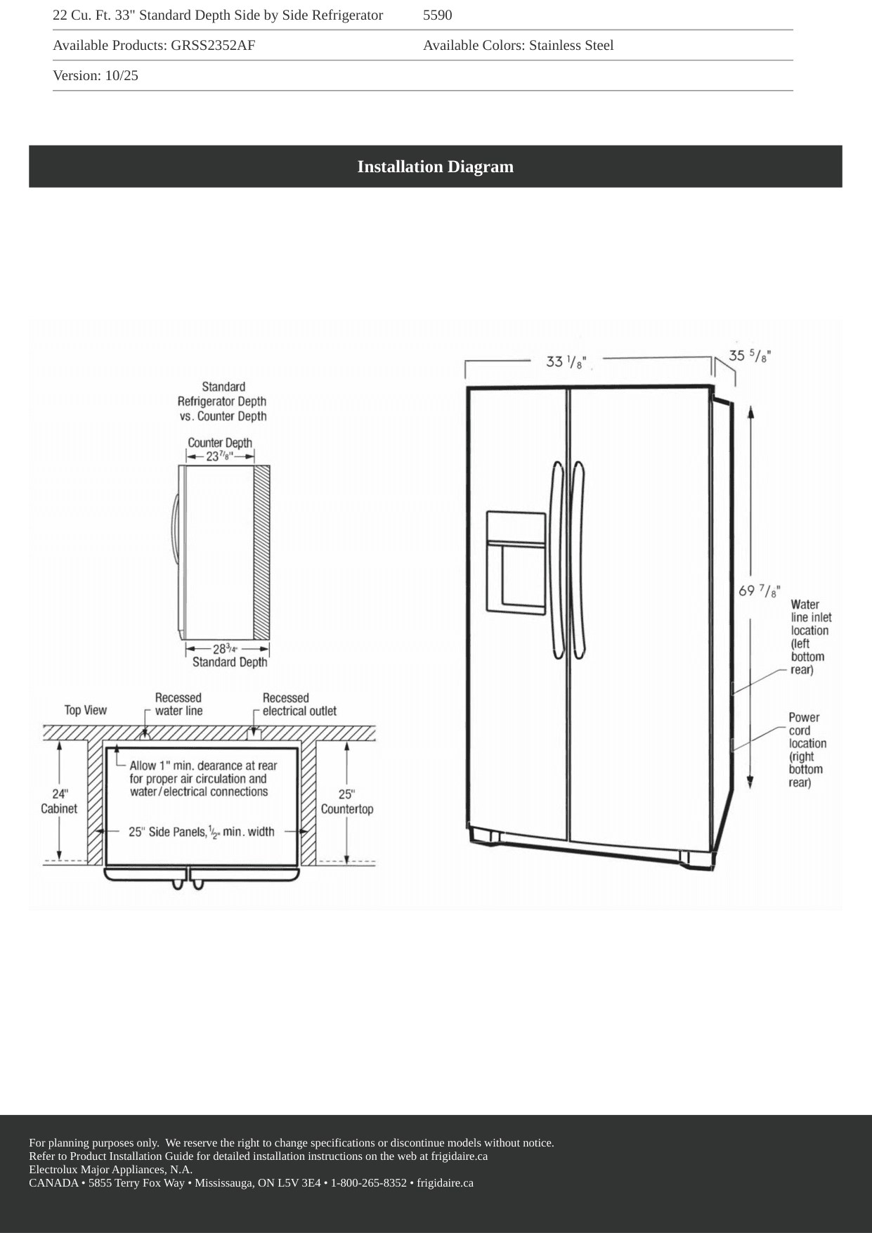 Installation diagram for the Frigidaire GRSS2352AF, from the manufacturer document