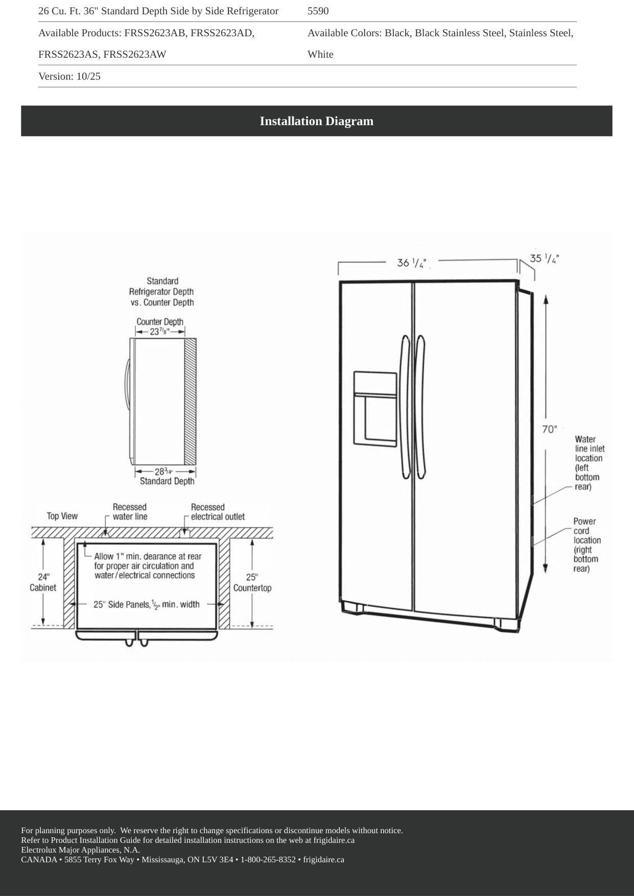 Installation diagram for the Frigidaire FRSS2623AS-C1, from the manufacturer document